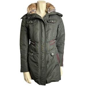 Andrew Marc Fur Hooded Parka Jacket Dark Olive Womens XS Winter Outdoor Ski